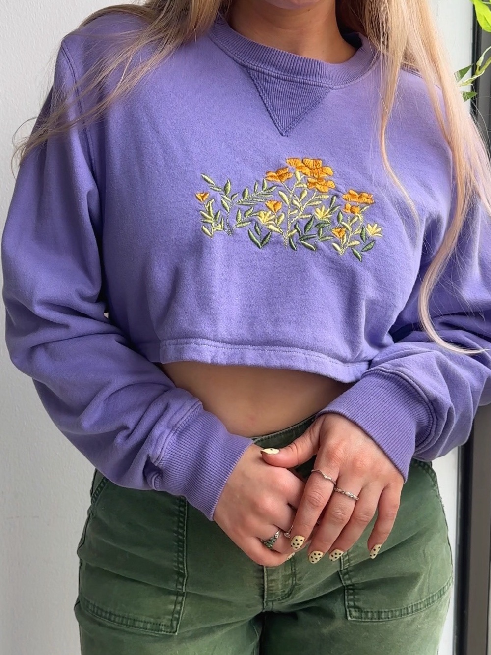 100% Cotton Cropped Lavender Floral Meadow Embroidered Sweatshirt